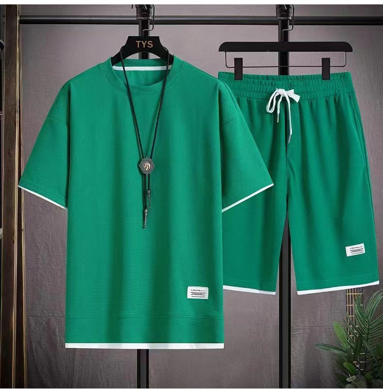 🌀 LIMITED-TIME 49% OFF! 🧺 Waffle Fabric Short Sleeve 2-Piece Set – Breathable, Loose Fit & Side Pockets 👕