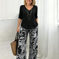 Women's V-Neck Blouse & Printed Wide-Leg Pants Set