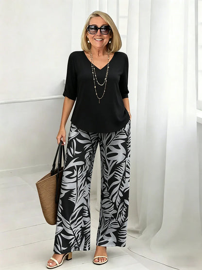 Women's V-Neck Blouse & Printed Wide-Leg Pants Set