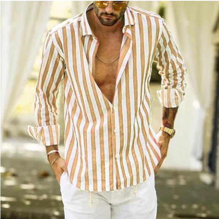 (50%OFF) The Best Gift For Husbands And Fathers-Men's Cotton Linen Striped Button Down Long Sleeve