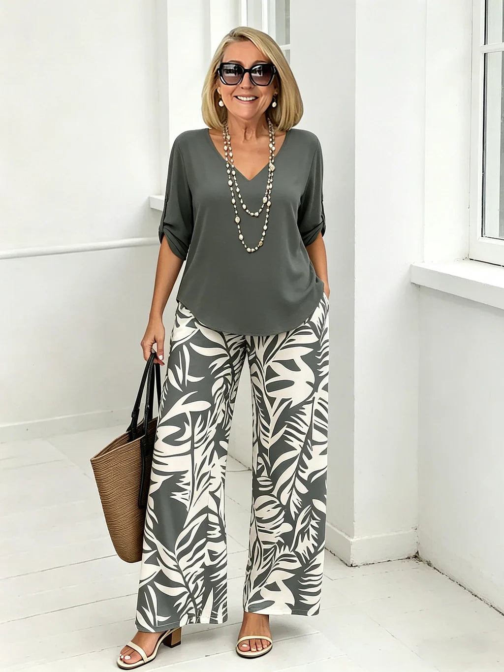 Women's V-Neck Blouse & Printed Wide-Leg Pants Set