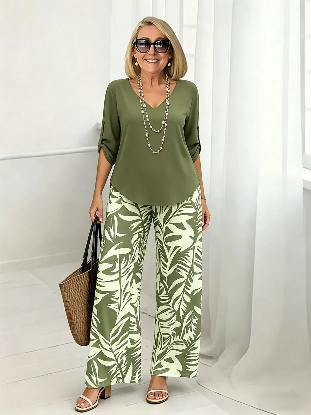 Women's V-Neck Blouse & Printed Wide-Leg Pants Set