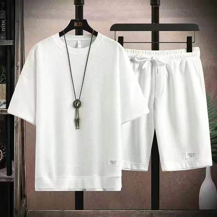 🌀 LIMITED-TIME 49% OFF! 🧺 Waffle Fabric Short Sleeve 2-Piece Set – Breathable, Loose Fit & Side Pockets 👕