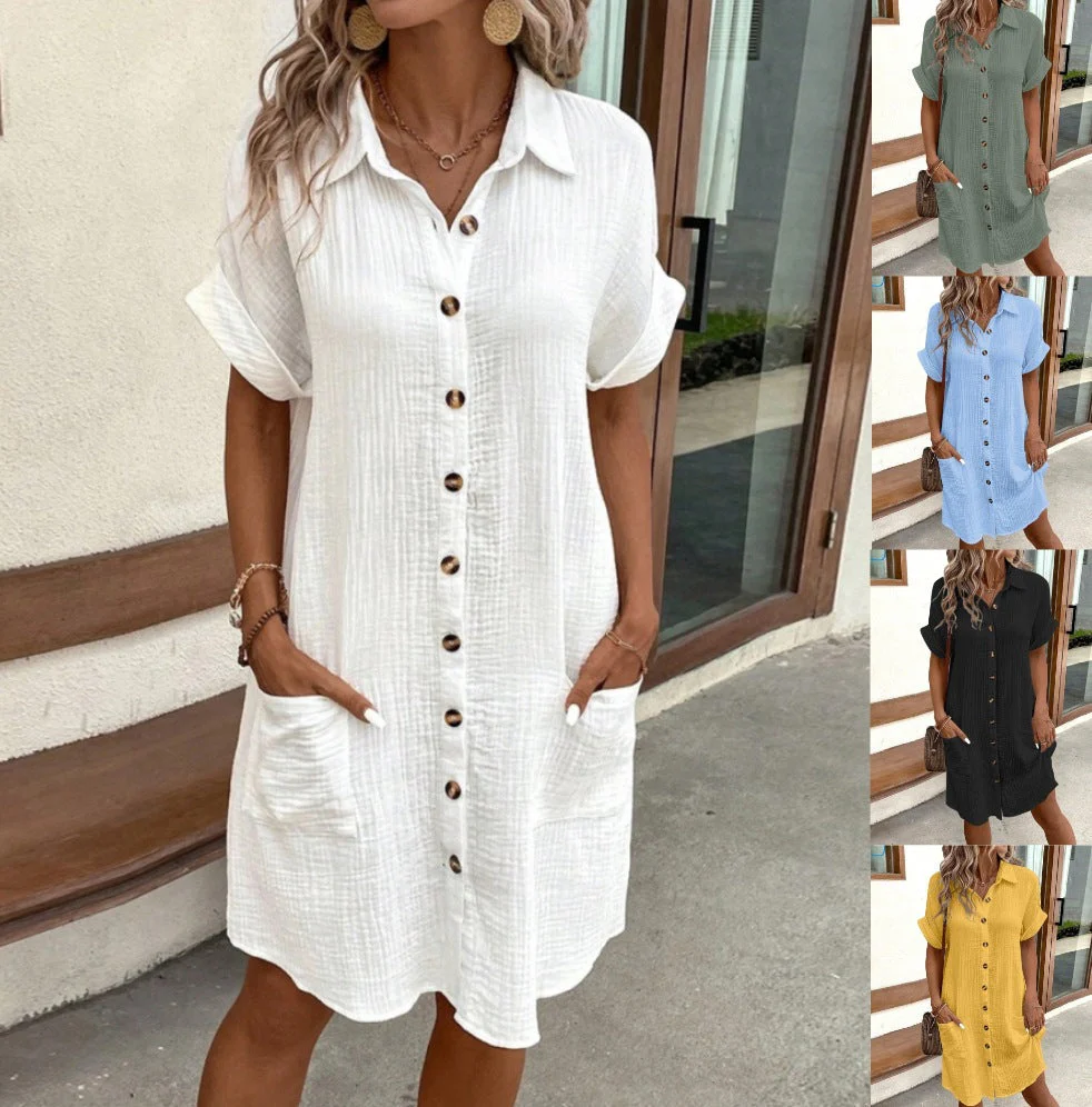 💎 60% OFF! 💎 Women's Buttoned Short Sleeve Pocket Shirt Dress – Cotton Blend, Relaxed Fit & Everyday Versatility (M–2XL) 👗🌿