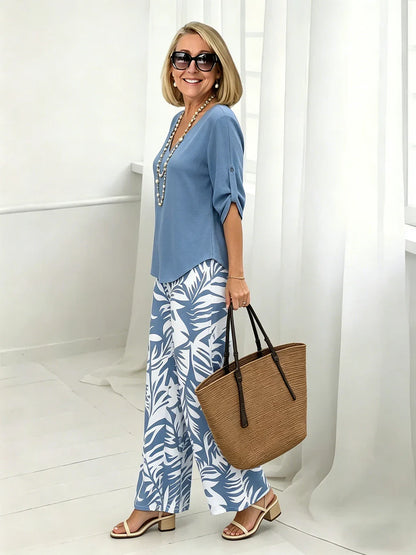 Women's V-Neck Blouse & Printed Wide-Leg Pants Set