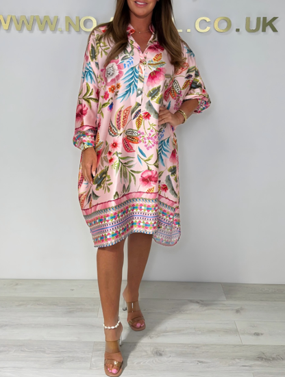 Loose V-Neck Half-Button Front Floral Dress