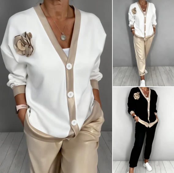 Women’s Casual V-Neck Top & High Waist Pants 2-Piece Set