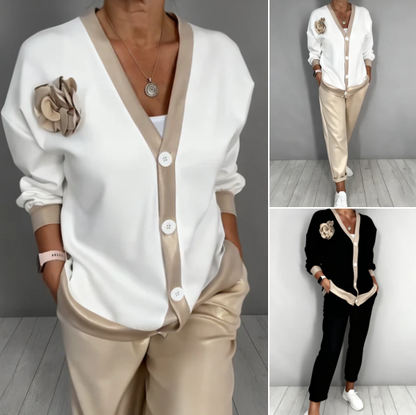 Women’s Casual V-Neck Top & High Waist Pants 2-Piece Set