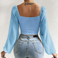 Women’s  Slim Lantern Sleeve Drawstring Ruched Crop Top