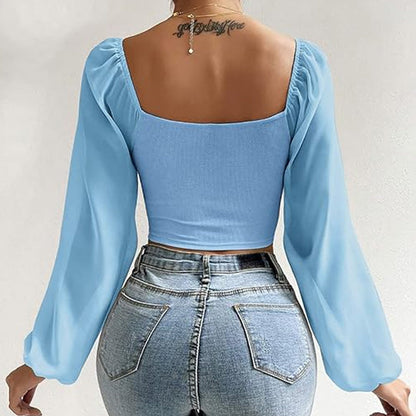Women’s  Slim Lantern Sleeve Drawstring Ruched Crop Top