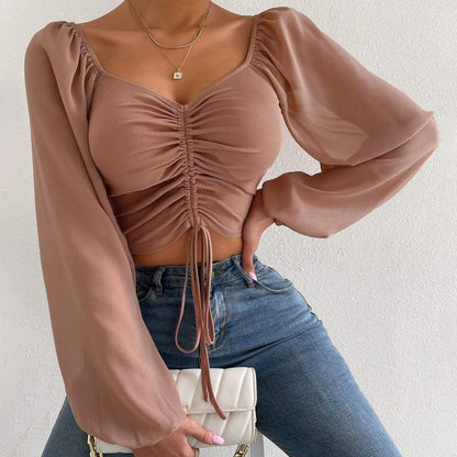 Women’s  Slim Lantern Sleeve Drawstring Ruched Crop Top