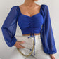Women’s  Slim Lantern Sleeve Drawstring Ruched Crop Top