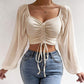 Women’s  Slim Lantern Sleeve Drawstring Ruched Crop Top