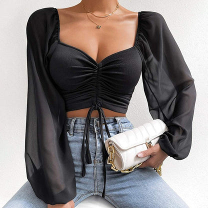 Women’s  Slim Lantern Sleeve Drawstring Ruched Crop Top