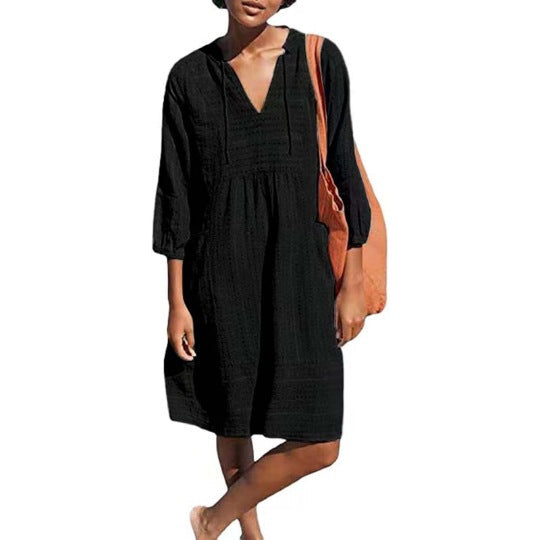 Women's Summer V-Neck Cotton Linen Dress