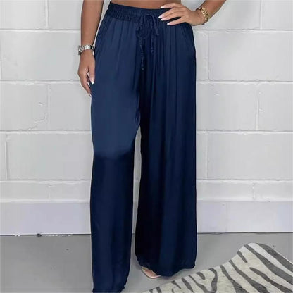 Stylish Drawstring Waist Straight Leg Smooth Loose Trousers with Pockets