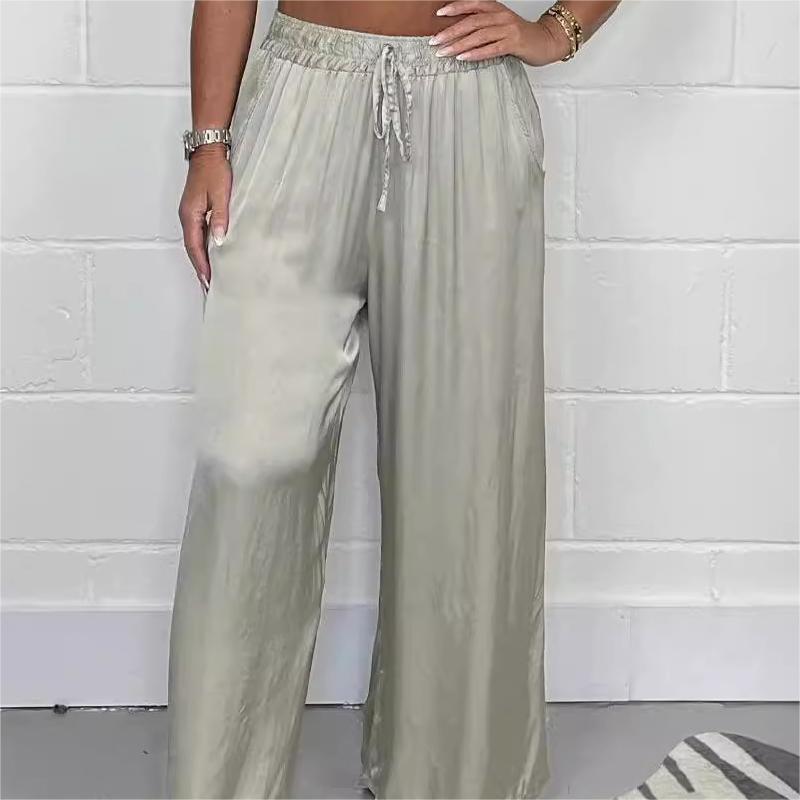 Stylish Drawstring Waist Straight Leg Smooth Loose Trousers with Pockets