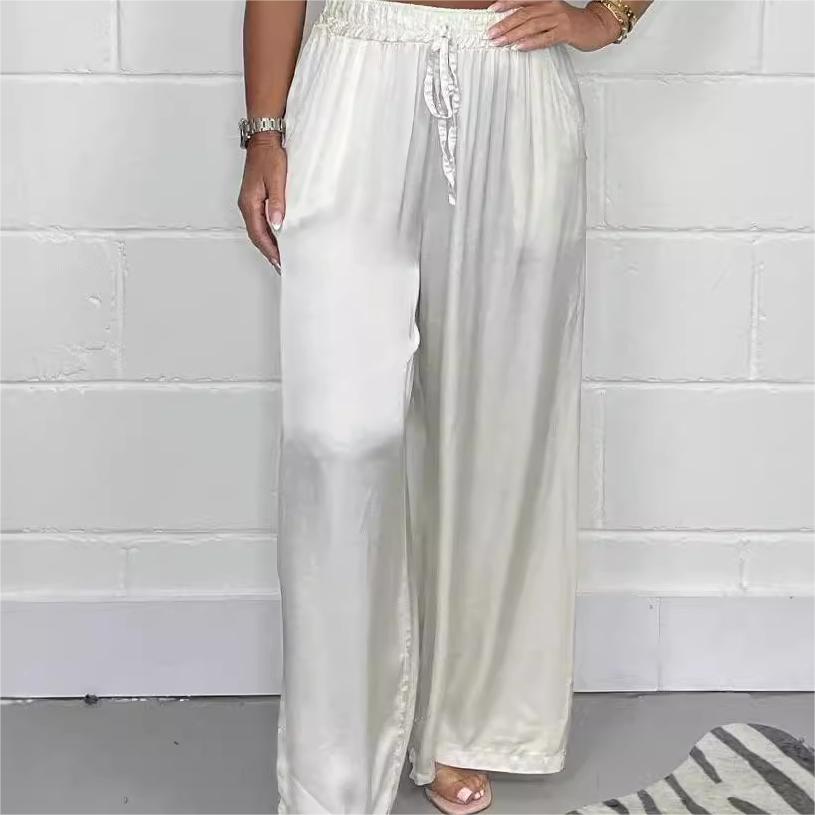 Stylish Drawstring Waist Straight Leg Smooth Loose Trousers with Pockets