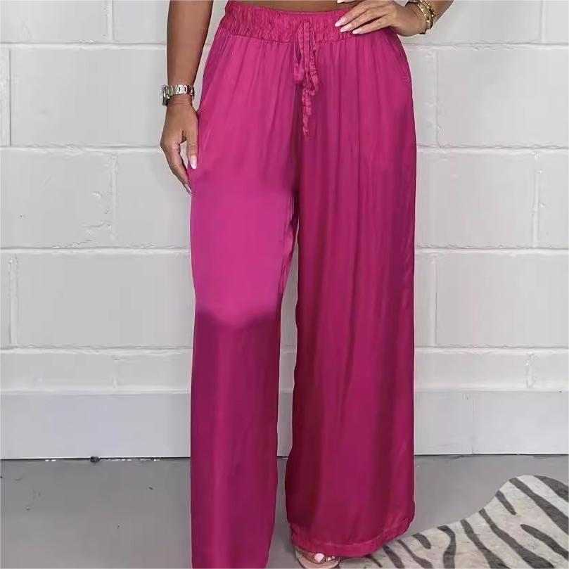 Stylish Drawstring Waist Straight Leg Smooth Loose Trousers with Pockets