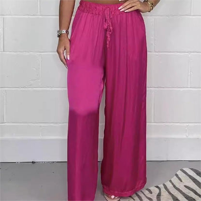 Stylish Drawstring Waist Straight Leg Smooth Loose Trousers with Pockets