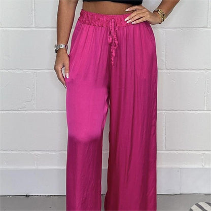 Stylish Drawstring Waist Straight Leg Smooth Loose Trousers with Pockets