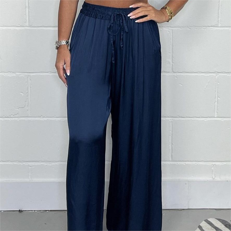 Stylish Drawstring Waist Straight Leg Smooth Loose Trousers with Pockets