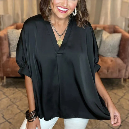 ⏰Don't miss your 49% off! 🔥Classic women's blouse in silk satin with a V-neckline and short sleeves