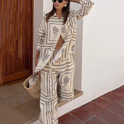 Women's Geometric Print 2-Piece Set - Shirt and Wide Leg Pants