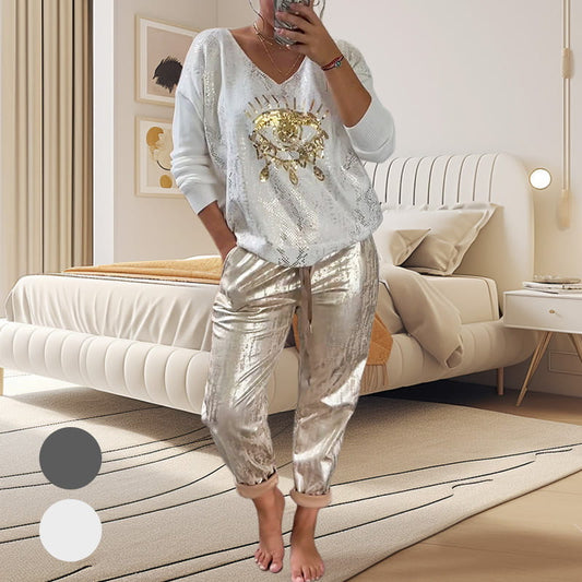 Women's 2 Piece Set: Devil's Eye Gold Foil Top and Sequin Pants Set