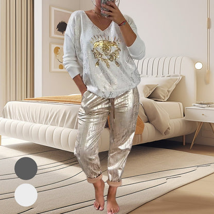 🌷LAST DAY SALE 49% OFF💝Devil's Eye Gold Foil Top and Sequin Pants Set💝BUY 2 GET FREE SHIPPING