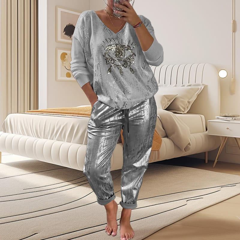 Women's 2 Piece Set: Devil's Eye Gold Foil Top and Sequin Pants Set