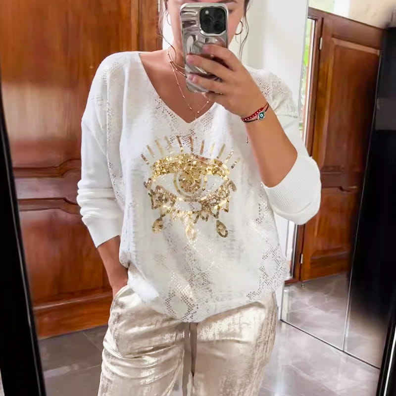 Women's 2 Piece Set: Devil's Eye Gold Foil Top and Sequin Pants Set