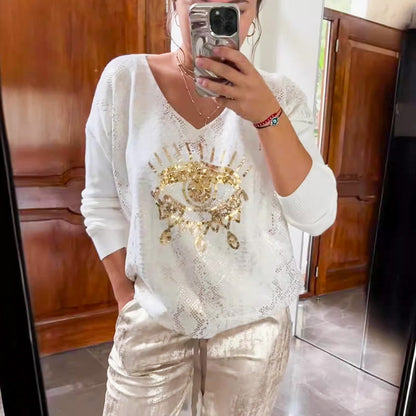 Women's 2 Piece Set: Devil's Eye Gold Foil Top and Sequin Pants Set