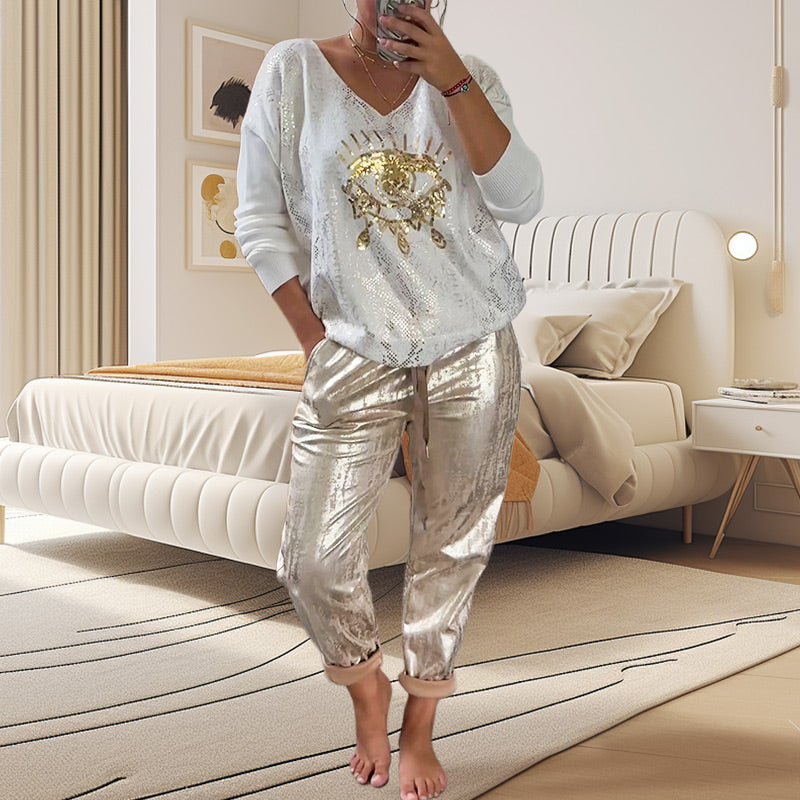 🌷LAST DAY SALE 49% OFF💝Devil's Eye Gold Foil Top and Sequin Pants Set💝BUY 2 GET FREE SHIPPING