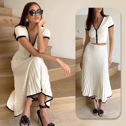 Stretchy Slim-Fit Short Sleeve Top & High-Waist Skirt Two-Piece Suit