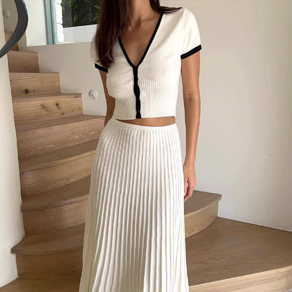 Stretchy Slim-Fit Short Sleeve Top & High-Waist Skirt Two-Piece Suit