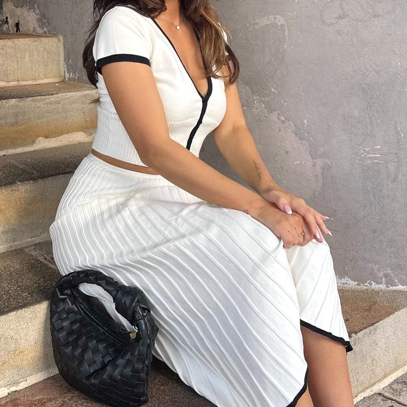Stretchy Slim-Fit Short Sleeve Top & High-Waist Skirt Two-Piece Suit