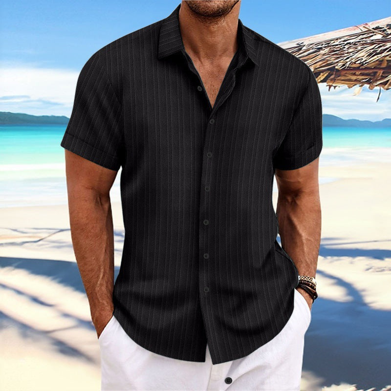 Men's Striped Loose-Fit Short Sleeve Button Down Lapel Shirt