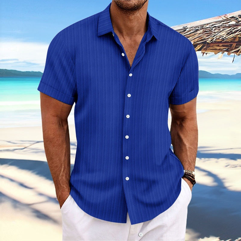 Men's Striped Loose-Fit Short Sleeve Button Down Lapel Shirt