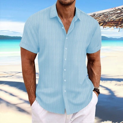 Men's Striped Loose-Fit Short Sleeve Button Down Lapel Shirt