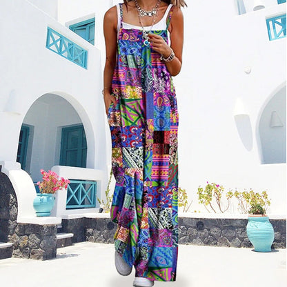 Women's Summer Bohemian Wide Leg Jumpsuit with Pockets