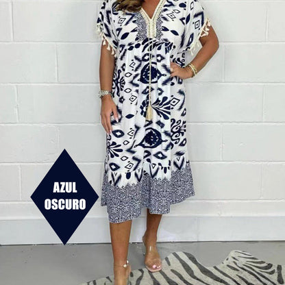 Printed Casual Dress With V-Neckline and Fringes on the Short Sleeves