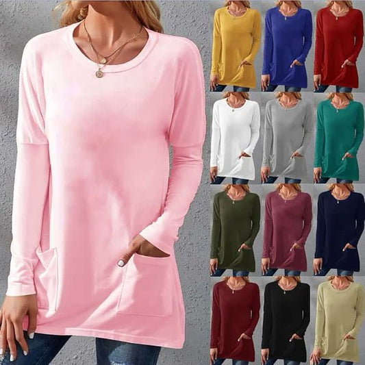 Women Casual Long Sleeve T-Shirt with Round Neck Pocket