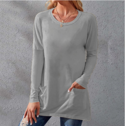 Women Casual Long Sleeve T-Shirt with Round Neck Pocket