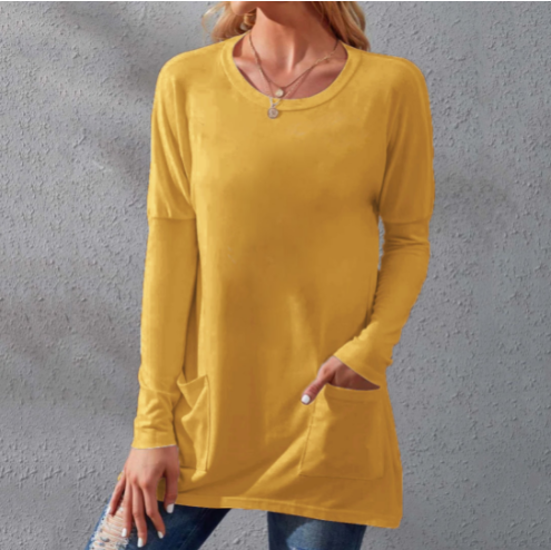 Women Casual Long Sleeve T-Shirt with Round Neck Pocket