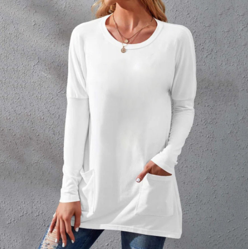 Women Casual Long Sleeve T-Shirt with Round Neck Pocket