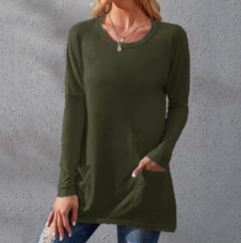 Women Casual Long Sleeve T-Shirt with Round Neck Pocket