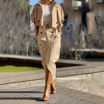 Women Lapel Long-Sleeve Jacket & Button-Belted Midi Skirt Set