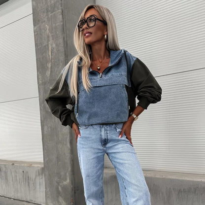 Women's Layered Hoodie Denim Jacket with Drawstring
