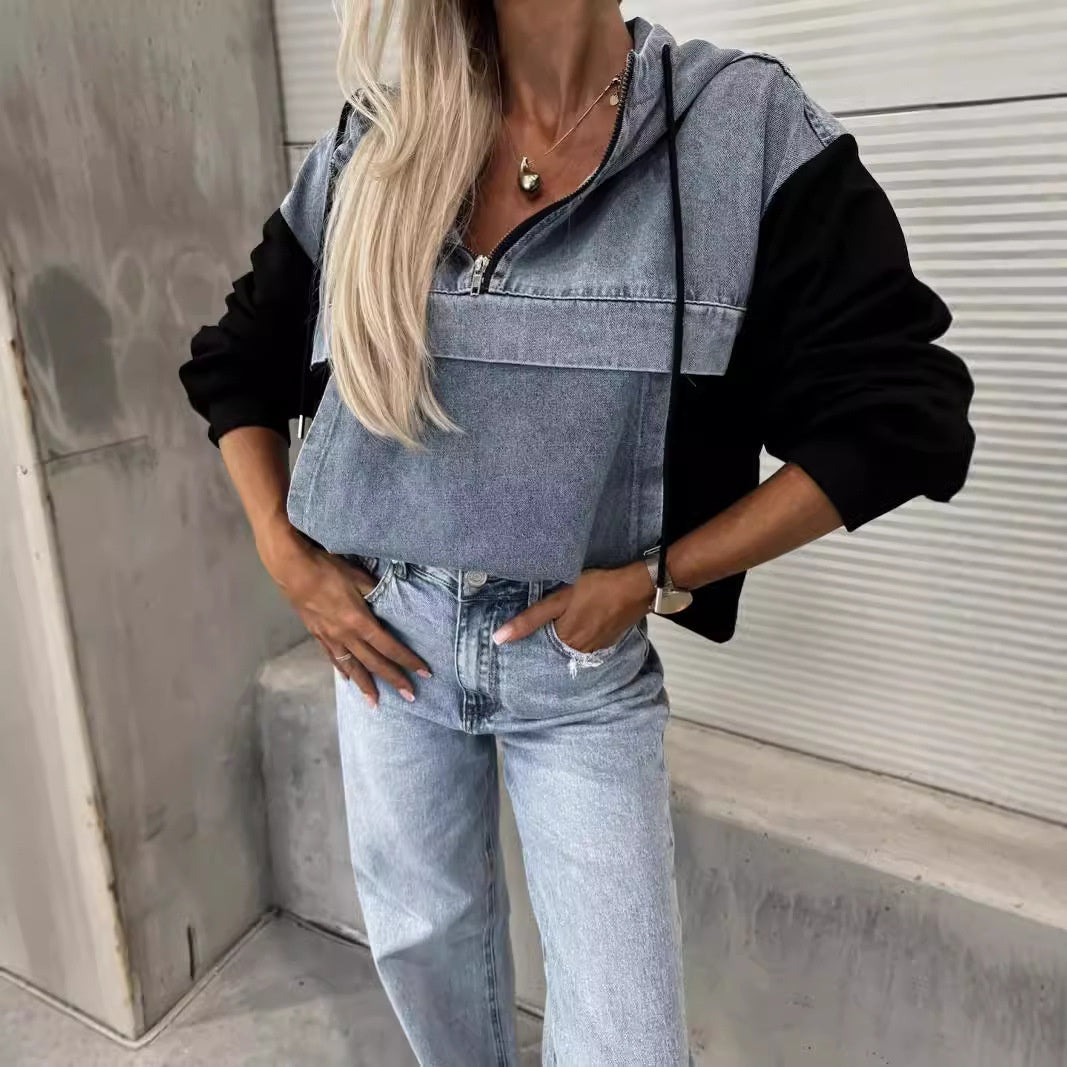 Women's Layered Hoodie Denim Jacket with Drawstring